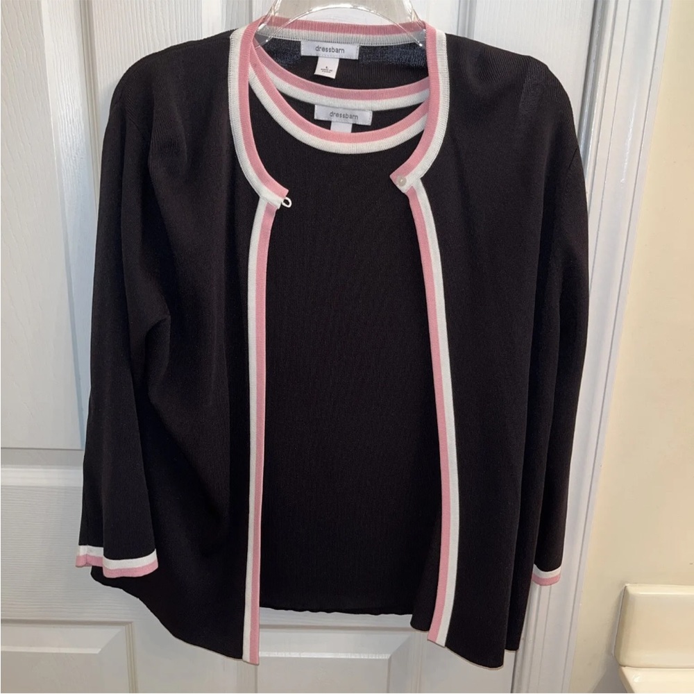 Dressbarn Black Tank & Cardigan Set With White/pink Trim Women’s Size L EUC
